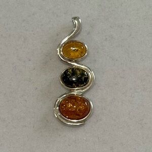 Vintage RJ 925 Sterling Silver Amber 3-Stone Multi Tone Funky Statement Pendant